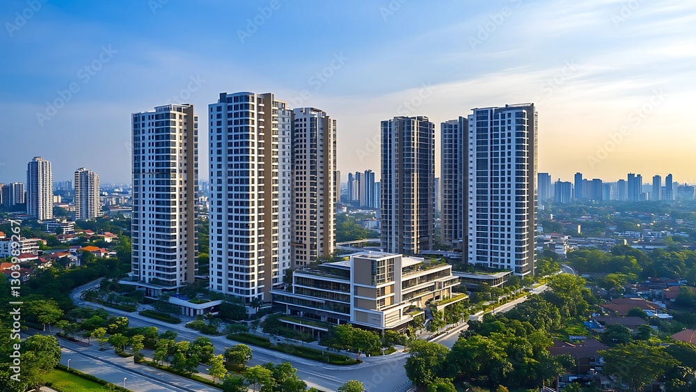 Obraz premium Modern Skyline: A modern skyline showcases a cluster of high-rise residential buildings with a combination of glass and concrete, under a beautiful blue sky.