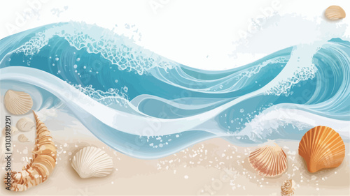 The image is a digital illustration depicting a stylized ocean wave breaking on a sandy beach. The wave is rendered in shades of light and dark blue, with white foam depicted at the crest