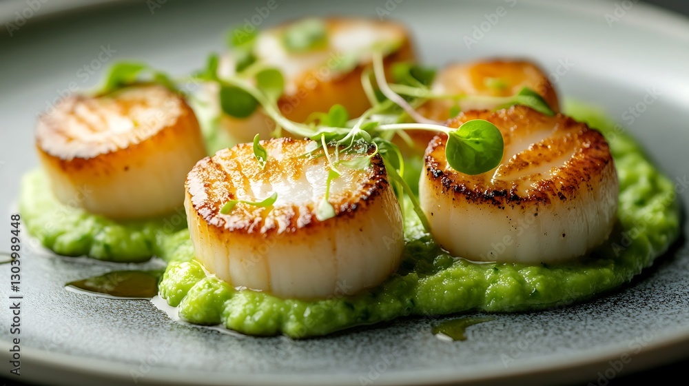 Seared Scallops Served Atop Green Pea Purée with Sprouts Seared Scallops Served Atop Green Pea Purée with Sprouts