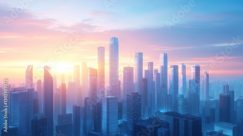 A stunning skyline at sunrise, showcasing tall skyscrapers bathed in soft pastel hues, creating a serene urban landscape.