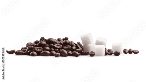 A high-angle, close-up studio shot depicts a pile of dark roasted coffee beans and three white sugar cubes against a pure white background. The coffee beans are irregularly shaped and