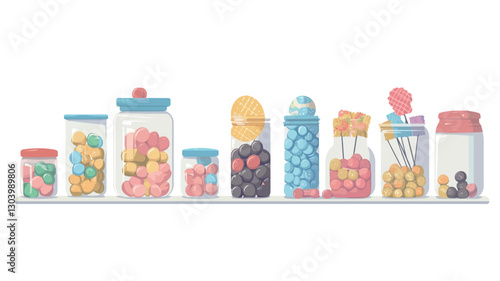 An illustration depicting a row of various sized transparent glass jars and containers filled with colorful candies and sweets. The jars are arranged on a white shelf against a white