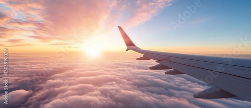 Fototapeta Naklejka Na Ścianę i Meble -  Airplane wing sunset cloudscape; travel