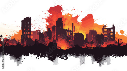 A digital illustration depicting a burning cityscape. The image is predominantly composed of silhouettes of buildings engulfed in flames, rendered in shades of orange, red, and black