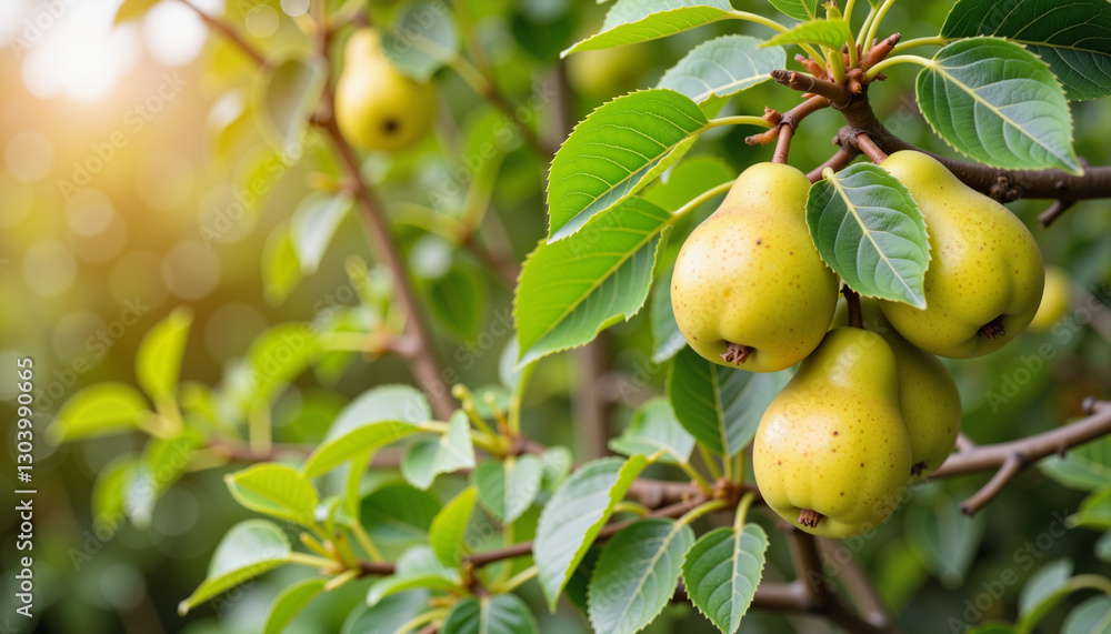 Ripe pears on a tree branch for organic farming, seasonal harvest, and agricultural marketing Ripe pears on a tree branch for organic farming, seasonal harvest, and agricultural marketing