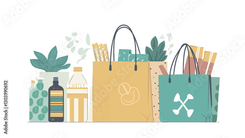 A digital illustration depicting several shopping bags in varying sizes and colors.  The bags are filled with stylized representations of groceries including pasta, snacks, and bottles.  A