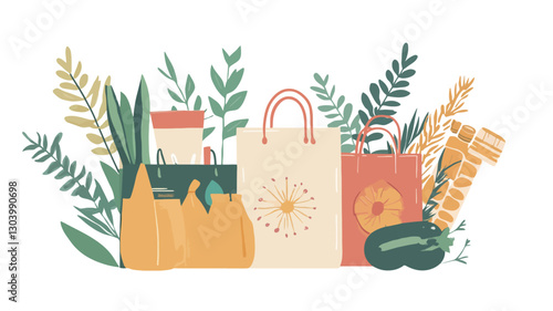 A digital illustration depicting several paper shopping bags filled with or surrounded by stylized vegetables and fruits. The bags are positioned against a white background and surrounded