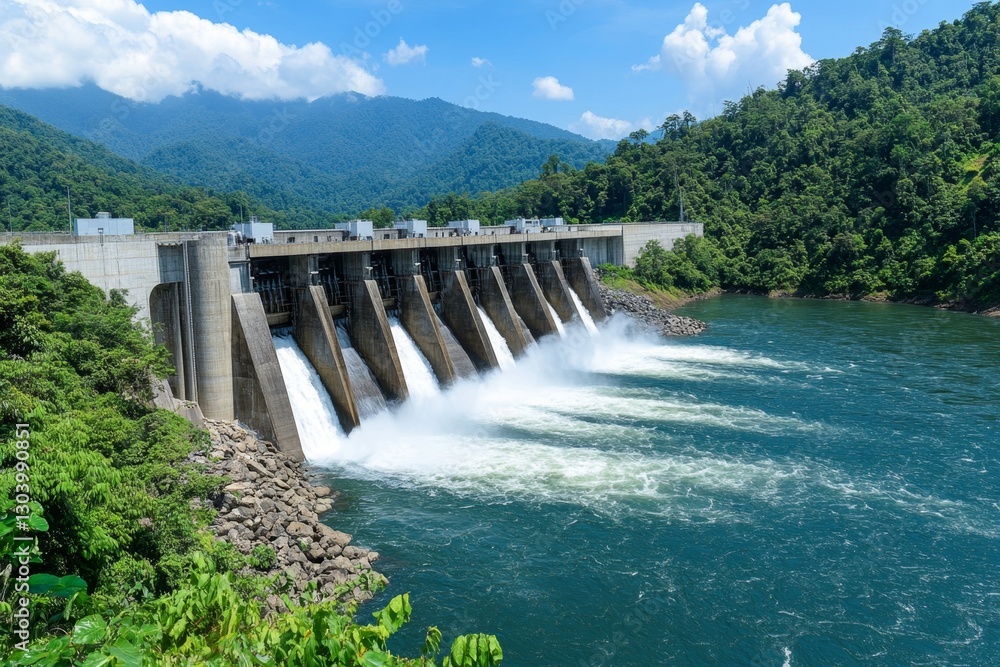 A hydroelectric power plant nestled between two lush, green mountains A hydroelectric power plant nestled between two lush, green mountains