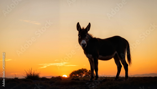 Donkey silhouette at sunset for Palm Sunday, religious symbolism, and nature photography photo