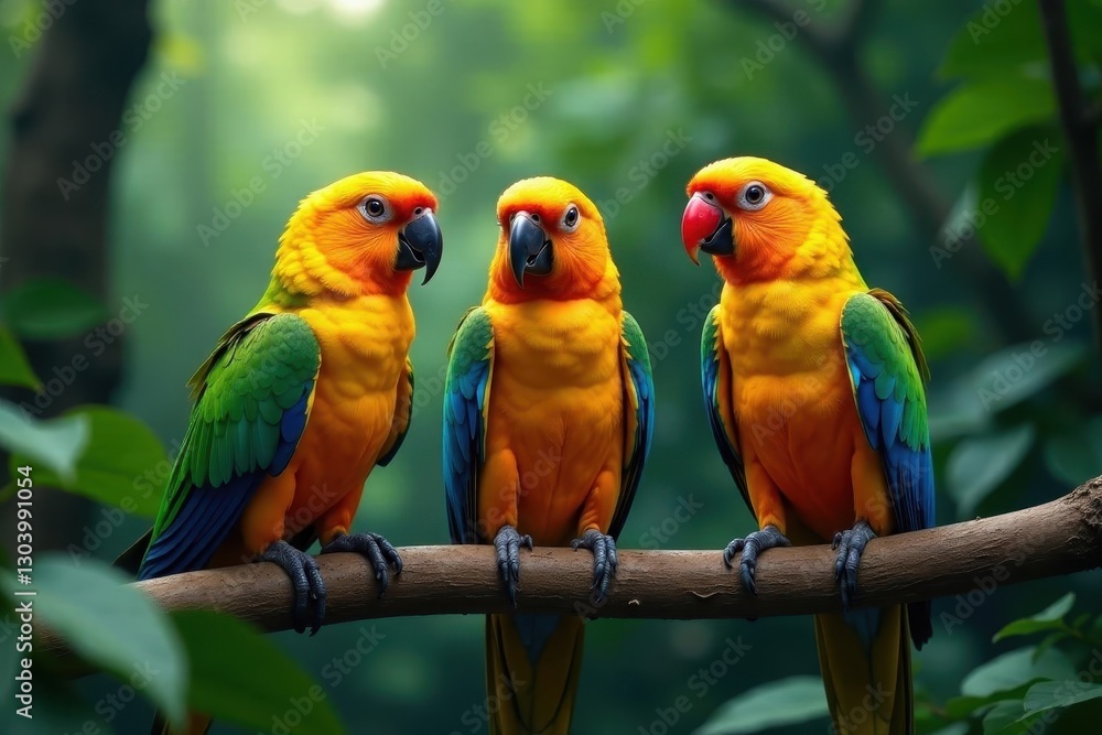 Three parrots on a thick vine, dense rainforest background, exotic, leaves Three parrots on a thick vine, dense rainforest background, exotic, leaves
