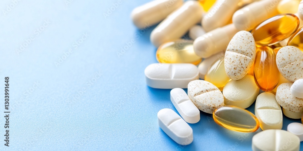 Assorted pills on blue; healthcare concept Assorted pills on blue; healthcare concept