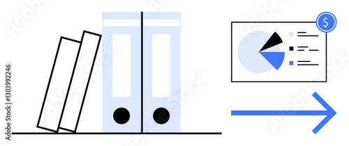 Office binders next to a financial dashboard featuring pie chart and metrics, with forward arrow. Ideal for finance, data analysis, business decisions, documentation, workflow, planning growth. Flat