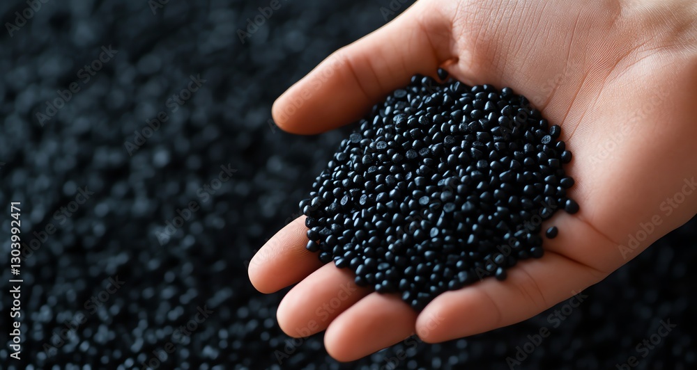 Close-up of hand holding black plastic granules, showcasing eco-friendly production. Perfect for sustainable product photography and green industry concepts. Close-up of hand holding black plastic granules, showcasing eco-friendly production. Perfect for sustainable product photography and green industry concepts.