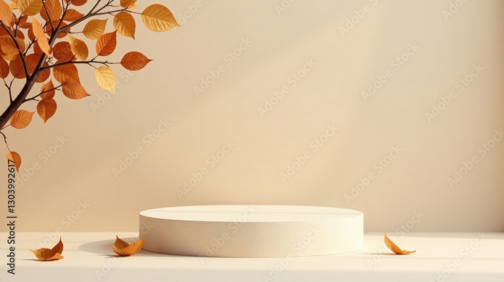Autumnal Display Elegant Cream Platform with Golden Leaves and Branch Autumnal Display Elegant Cream Platform with Golden Leaves and Branch
