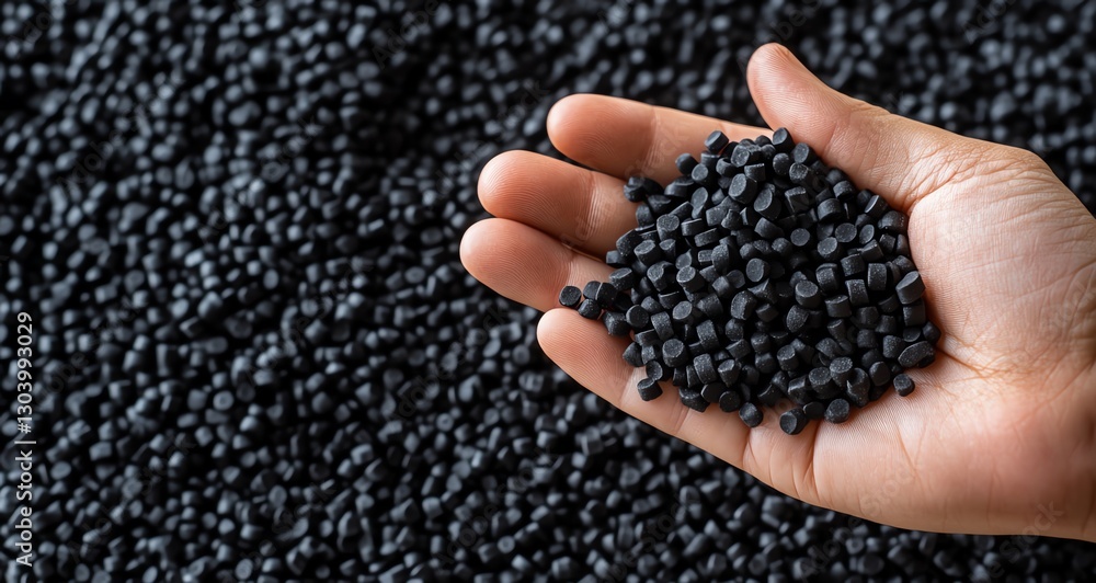 Close-up of hand holding black plastic granules, showcasing eco-friendly production. Perfect for sustainable product photography and green industry concepts. Close-up of hand holding black plastic granules, showcasing eco-friendly production. Perfect for sustainable product photography and green industry concepts.