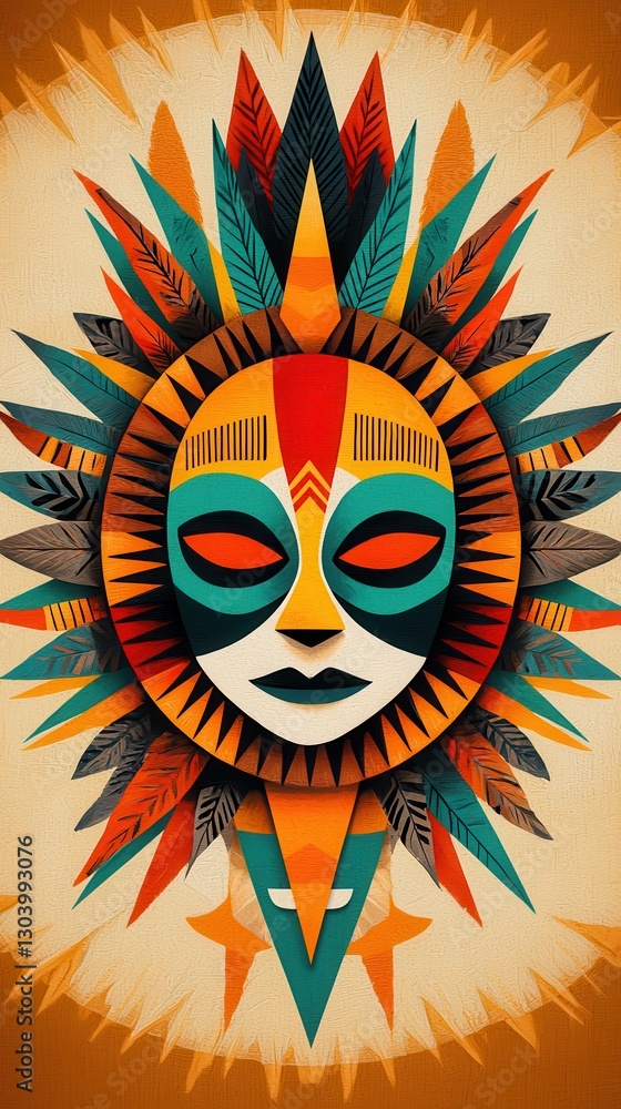 vibrant tribal mask with geometric patterns and colorful feathers, showcasing blend of traditional and modern art styles. mask features bold colors like orange, teal, and red, creating striking vibrant tribal mask with geometric patterns and colorful feathers, showcasing blend of traditional and modern art styles. mask features bold colors like orange, teal, and red, creating striking