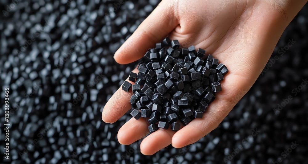 Close-up of hand holding black plastic granules, showcasing eco-friendly production. Perfect for sustainable product photography and green industry concepts. Close-up of hand holding black plastic granules, showcasing eco-friendly production. Perfect for sustainable product photography and green industry concepts.