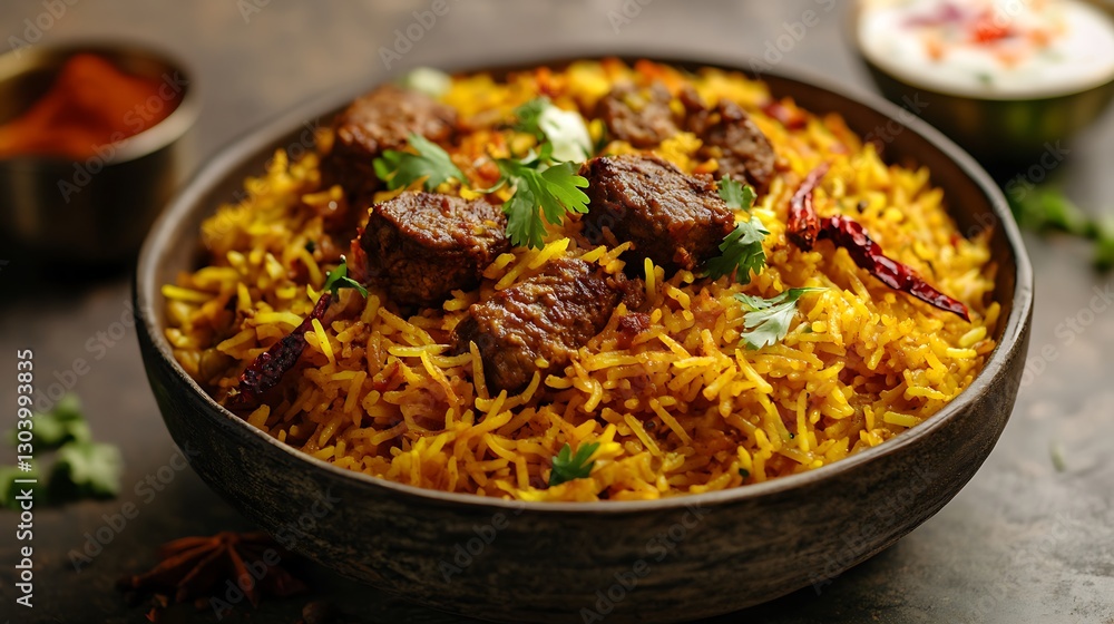 Serving of Savory Rice Pilaf with Meat and Cilantro Garnish Serving of Savory Rice Pilaf with Meat and Cilantro Garnish