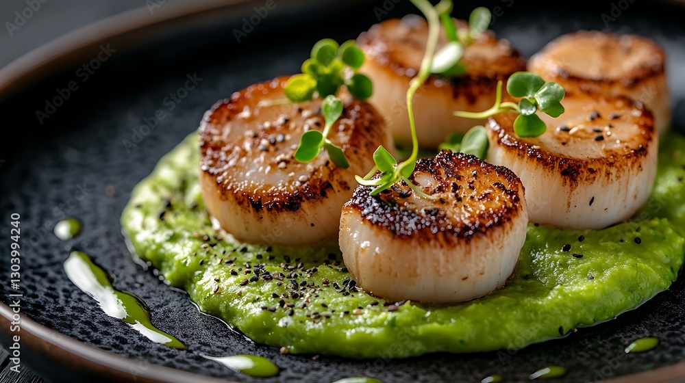 Seared Scallops on Pea Puree with Sprouts in Dark Plate Seared Scallops on Pea Puree with Sprouts in Dark Plate