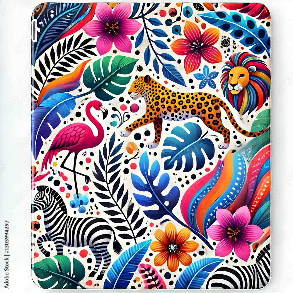 Fototapeta premium A playful animal print pattern in vibrant colors, featuring leopard spots and zebra stripes, isolated on a clean white background.