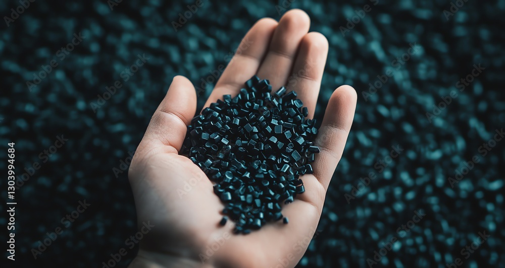 Close-up of hand holding black plastic granules, showcasing eco-friendly production. Perfect for sustainable product photography and green industry concepts. Close-up of hand holding black plastic granules, showcasing eco-friendly production. Perfect for sustainable product photography and green industry concepts.