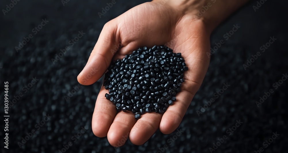 Close-up of hand holding black plastic granules, showcasing eco-friendly production. Perfect for sustainable product photography and green industry concepts. Close-up of hand holding black plastic granules, showcasing eco-friendly production. Perfect for sustainable product photography and green industry concepts.