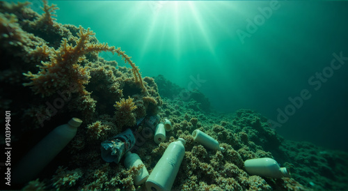 Wallpaper Mural Underwater view showing plastic bottles and trash entangled in seaweed near a coral formation, Underwater Seaweed Plastic Pollution Torontodigital.ca