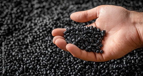 Close-up of hand holding black plastic granules, showcasing eco-friendly production. Perfect for sustainable product photography and green industry concepts.