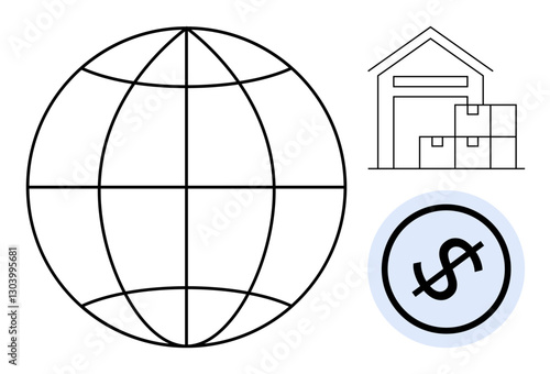 Globe representation, warehouse with boxes, and currency highlighting international trade, business, shipping, logistics, supply chain, e-commerce and finance. Flat simple metaphor
