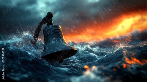Bell in turbulent ocean storm, dramatic sunset. Possible use Stock photo for nature, adventure, or historical themes