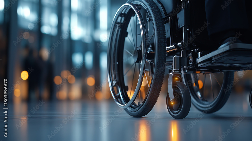 Fototapeta premium close up view of wheelchair wheel in modern, softly lit environment, highlighting its design and functionality. background features blurred figures, creating sense of movement and accessibility