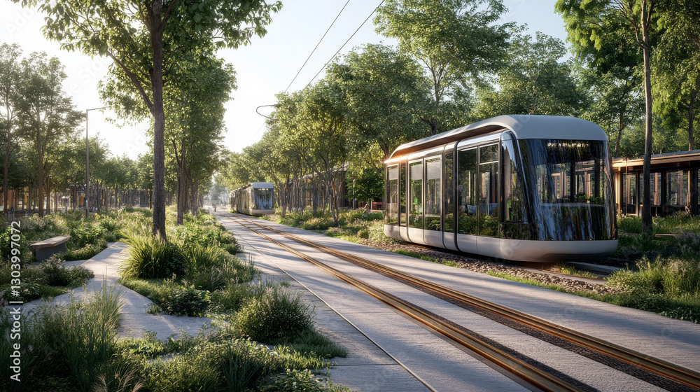 Naklejka premium Modern tram on tracks in green urban park with trees and pathways, showcasing sustainable transportation and nature