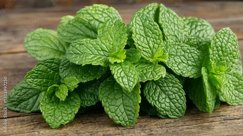 Fresh mint leaves resting on a wooden table, ready for culinary use in salads or drinks Fresh mint leaves resting on a wooden table, ready for culinary use in salads or drinks