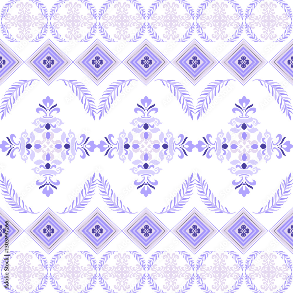 Damask geometric seamless pattern with decorative ornament in blue and purple colors. Idea for wallpaper, textiles, elaborate borders, and rugs. Damask geometric seamless pattern with decorative ornament in blue and purple colors. Idea for wallpaper, textiles, elaborate borders, and rugs.
