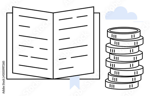 Open book with a ribbon bookmark next to a neat stack of coins, representing education, investment, and success. Ideal for business, finance, study, self-development savings knowledge growth. Flat
