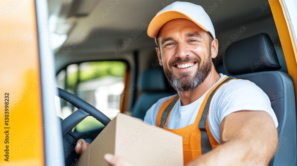 smiling delivery driver in orange uniform holding package inside delivery van. cheerful expression conveys friendliness and professionalism smiling delivery driver in orange uniform holding package inside delivery van. cheerful expression conveys friendliness and professionalism