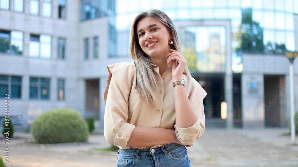 Lovely young career woman is smiling as she stands on the street Lovely young career woman is smiling as she stands on the street