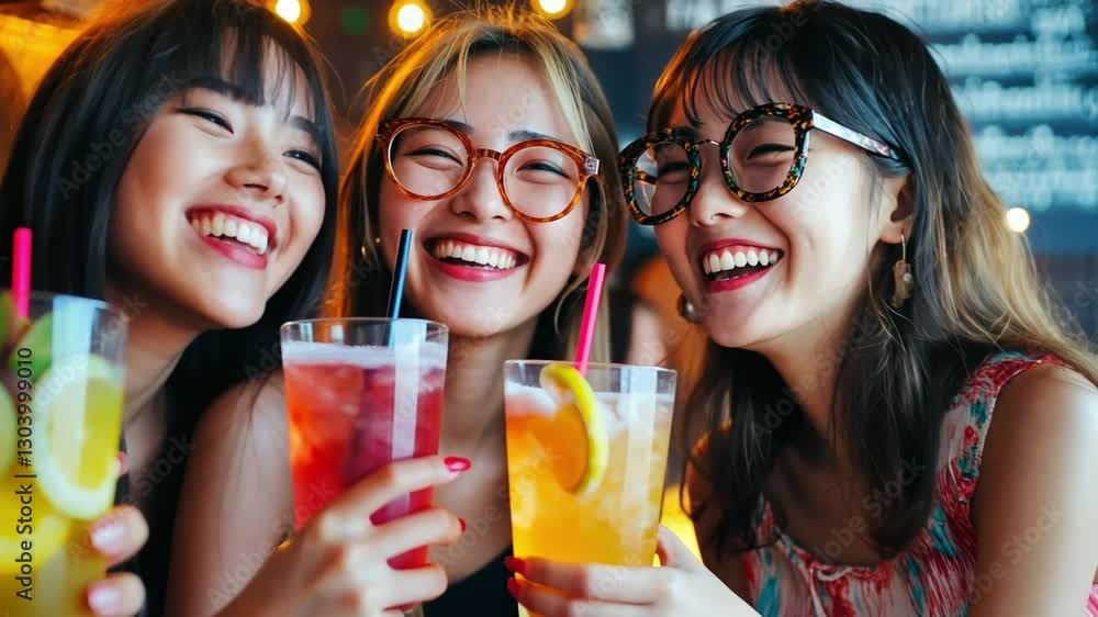 Radiant cheers and friendship: A close-up shot of three Asian women, laughing and enjoying colorful drinks in a lively setting. It captures the essence of friendship, joy, and shared moments. Radiant cheers and friendship: A close-up shot of three Asian women, laughing and enjoying colorful drinks in a lively setting. It captures the essence of friendship, joy, and shared moments.