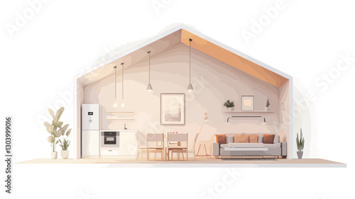 A digital illustration depicting a cutaway view of a modern house interior. The image shows a cross-section revealing the interior layout, including a living room with a sofa, a dining area