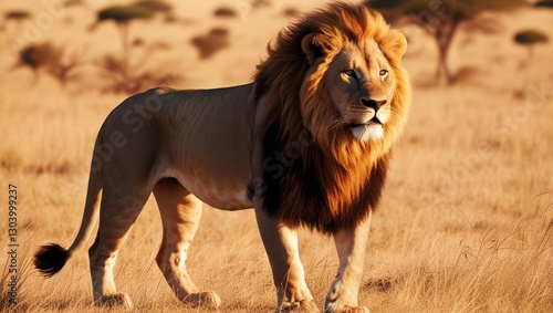 Wallpaper Mural Majestic lion standing proudly in the savannah at sunset 2,A regal lion strides confidently across the savanna, golden light casting a majestic glow on its mane Torontodigital.ca