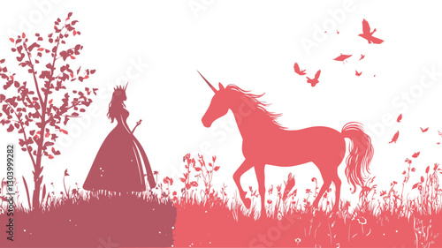 The image is a digital illustration featuring silhouettes of a princess in a long gown and a unicorn in a field of flowers.  The overall color palette is various shades of pink and red,