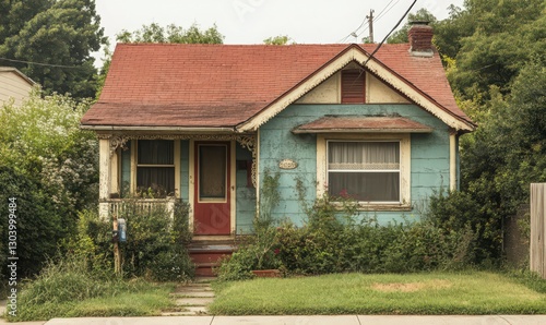Distressed Teal House with Rusty Red Roof and Overgrown Yard