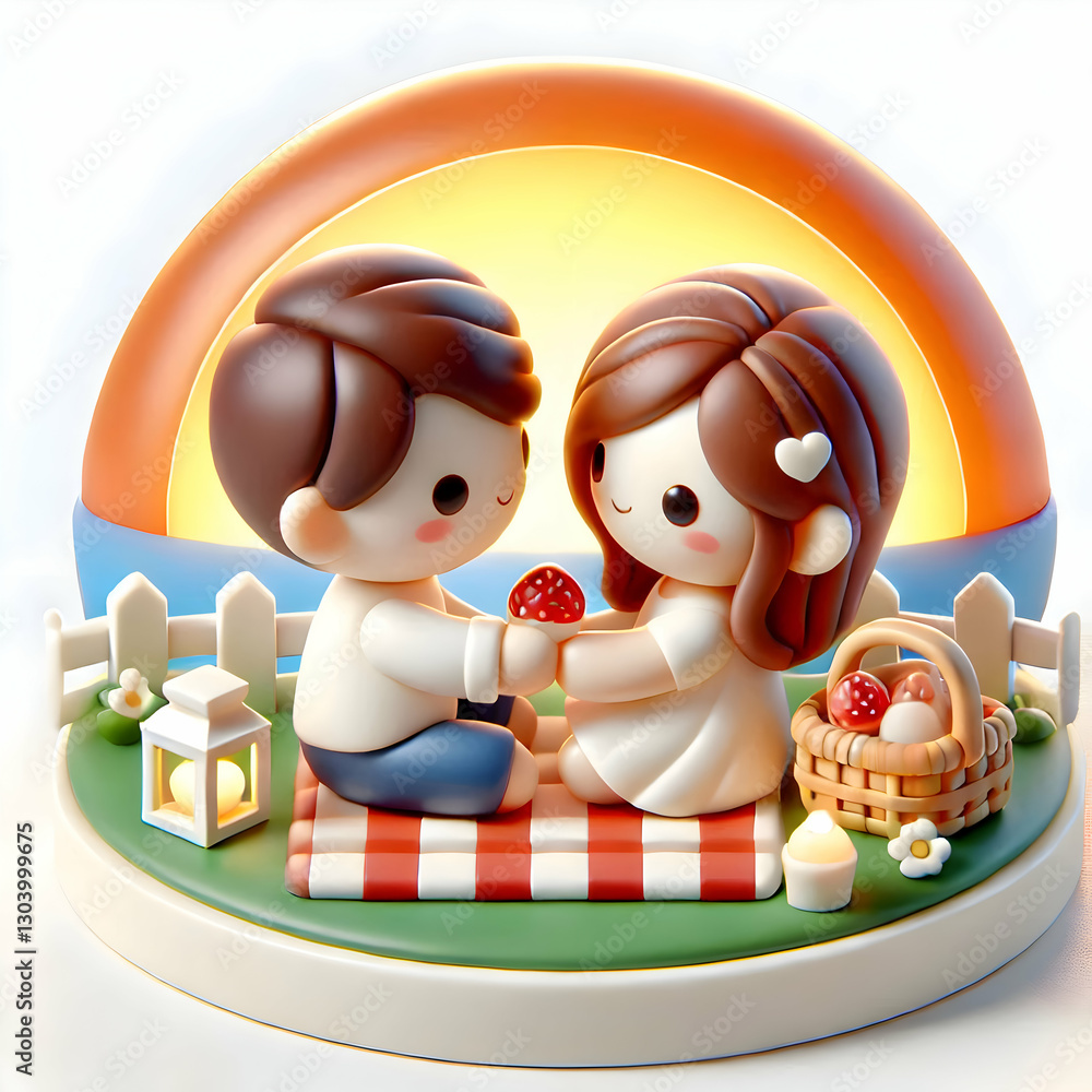 Fototapeta premium A 3D cute illustration of a couple sharing a kiss under a wedding arch, with vibrant colors on a clean white background.
