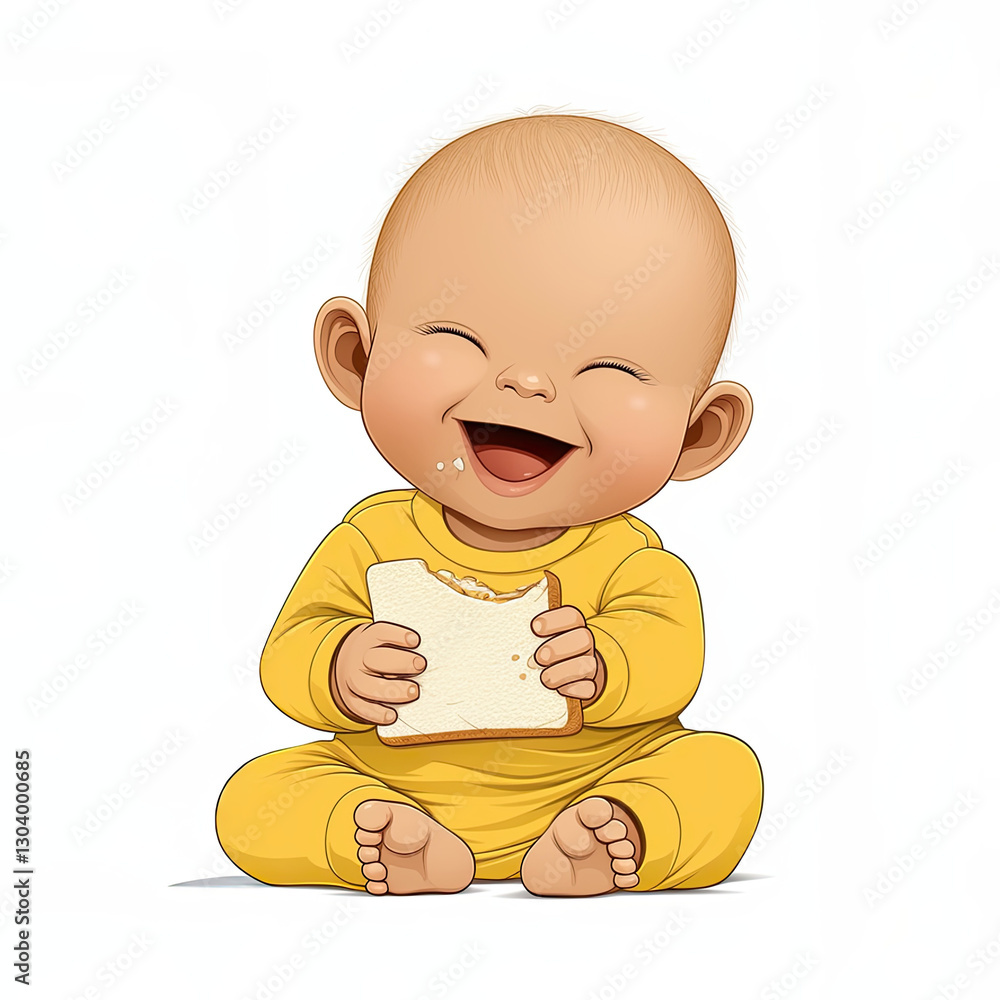 Happy baby in yellow outfit enjoying sandwich with big smile Happy baby in yellow outfit enjoying sandwich with big smile