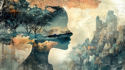 A womans silhouette revealing nature and abstract landscapes within