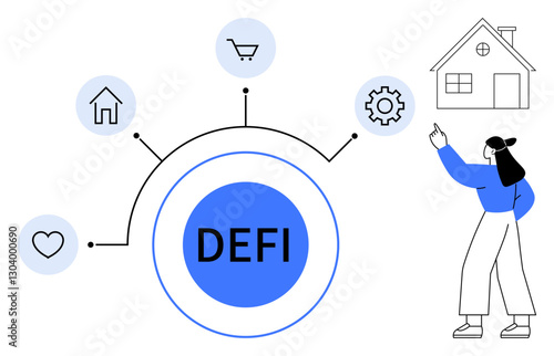 Central DEFI concept connected to heart, house, gear, and cart icons. Woman pointing at house. Ideal for finance, technology, shopping housing innovation blockchain investment. Flat simple