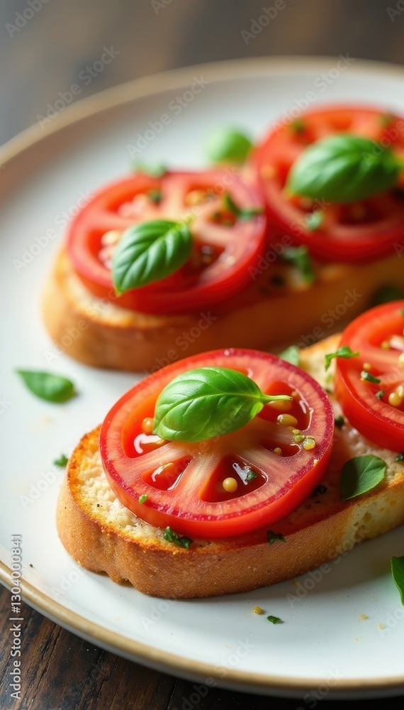 Sliced tomatoes, basil, garlic bruschetta on white plate, recipe, lunch, dinner Sliced tomatoes, basil, garlic bruschetta on white plate, recipe, lunch, dinner