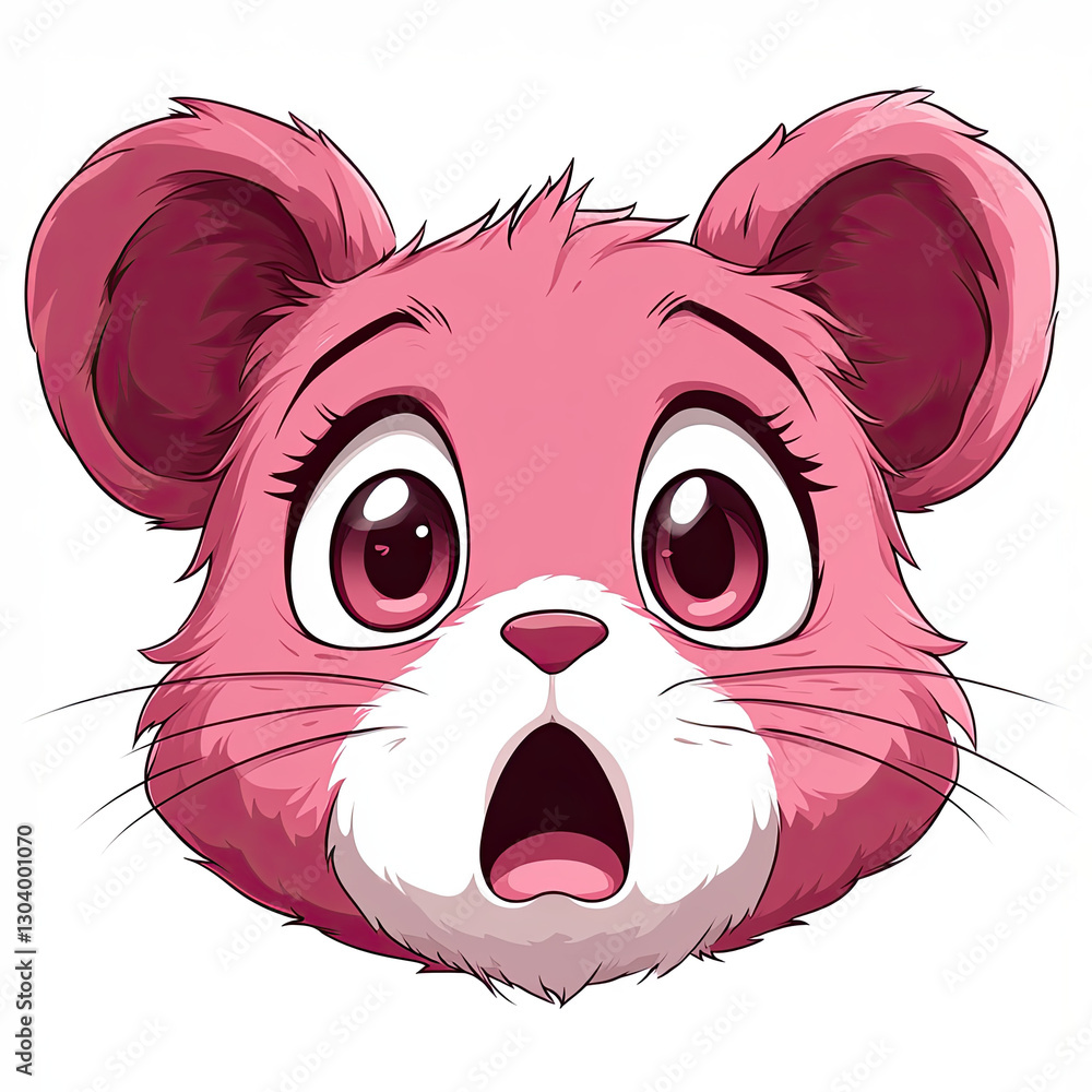 Obraz premium Cute chibi face with pink fur and surprised expression, big eyes