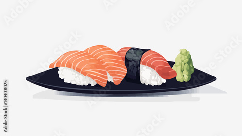 A digitally rendered image showcases a selection of sushi on a sleek, black, boat-shaped plate set against a bright white background. The sushi includes several pieces of salmon nigiri