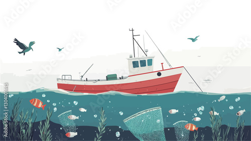 Illustration depicting a red and white fishing boat on a teal ocean.  The waterline reveals underwater debris including plastic bags and other plastic waste among various fish and seaweed.